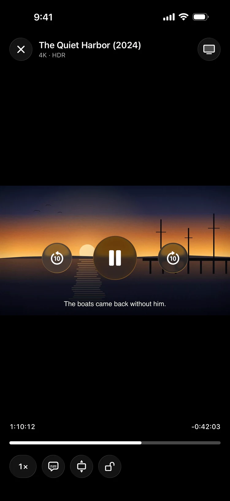 70mm playing an MKV on iPhone with styled subtitles and the playback controls