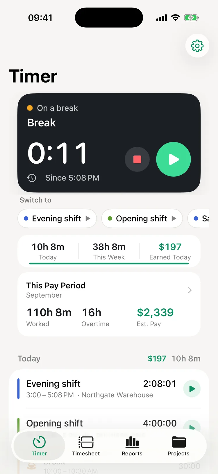 8hrs timer on a break that started at 5:08 PM, with buttons to end the shift or go back to work, above this pay period's hours