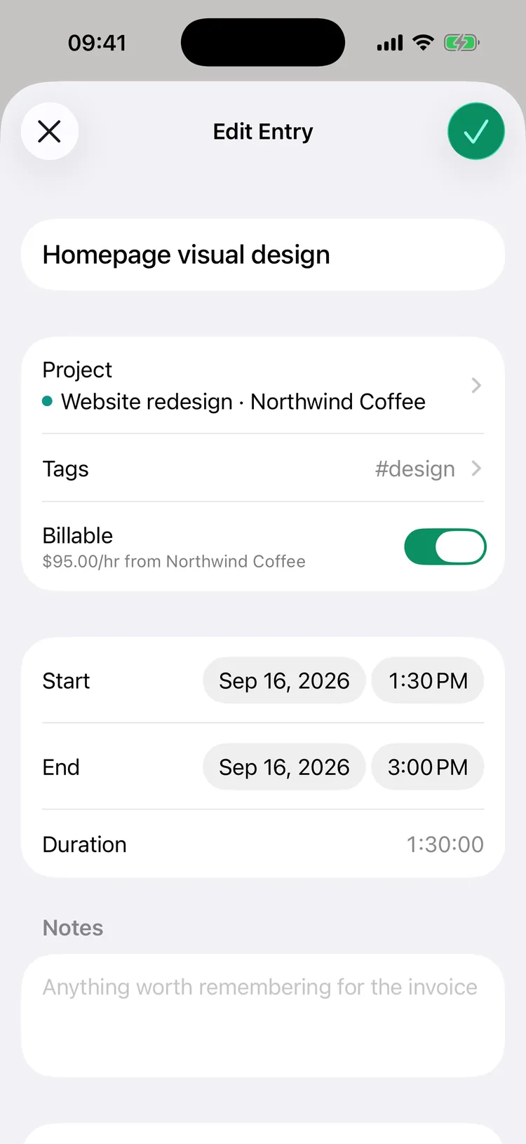 Time entry editor with project, tags, billable rate and times