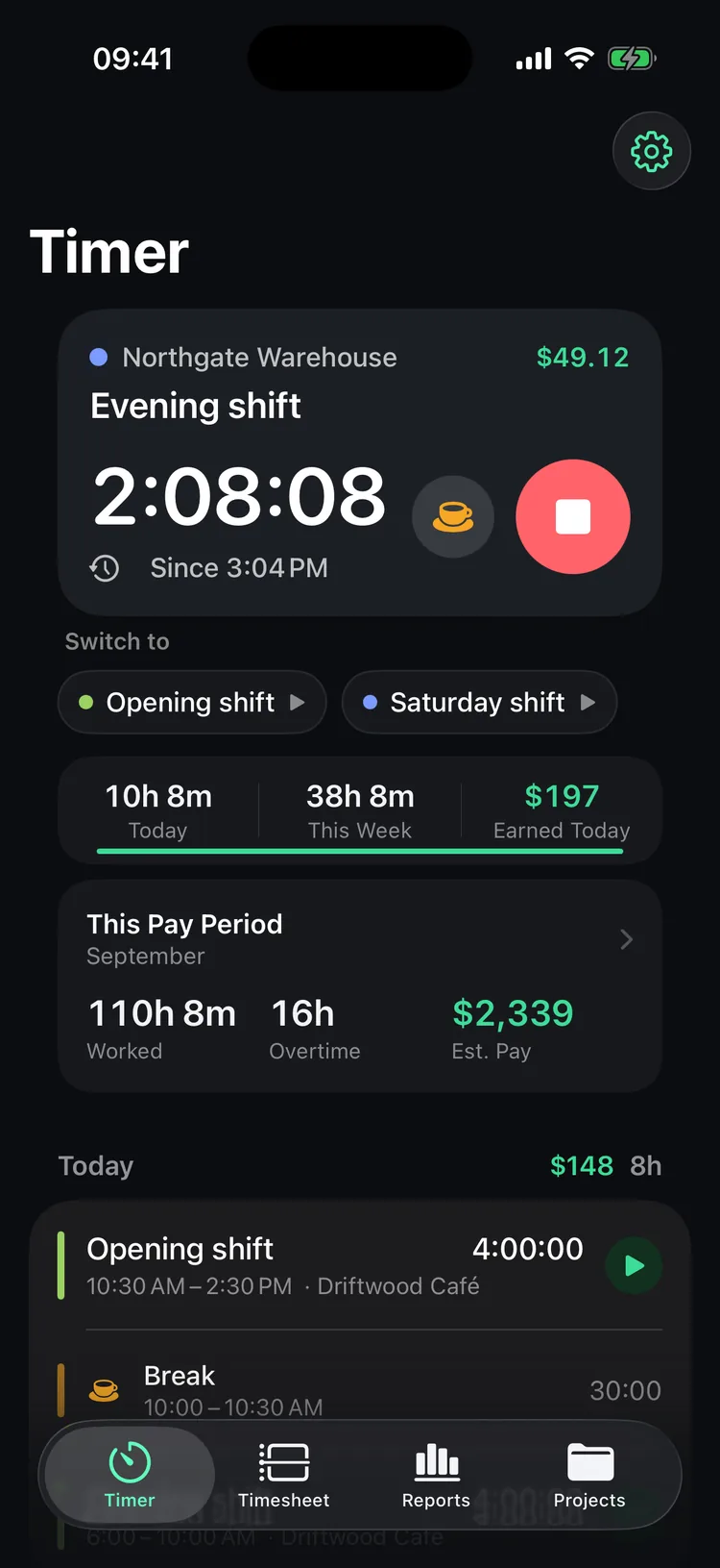 8hrs on iPhone with an evening shift running for 2 hours 8 minutes, a break button, and this pay period's hours worked, overtime and estimated pay