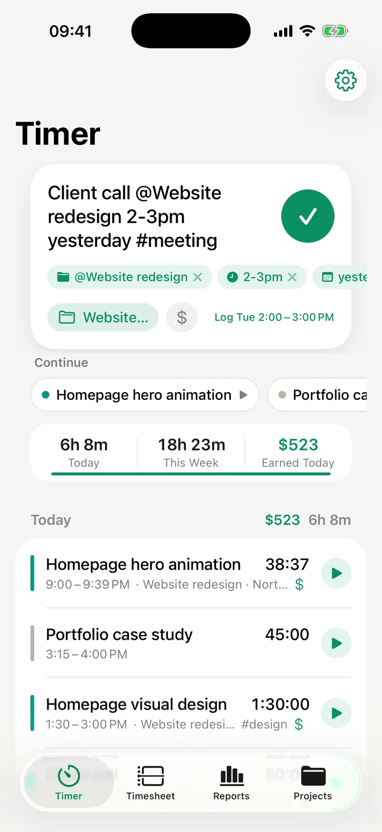 Quick entry with project, time range and day recognized