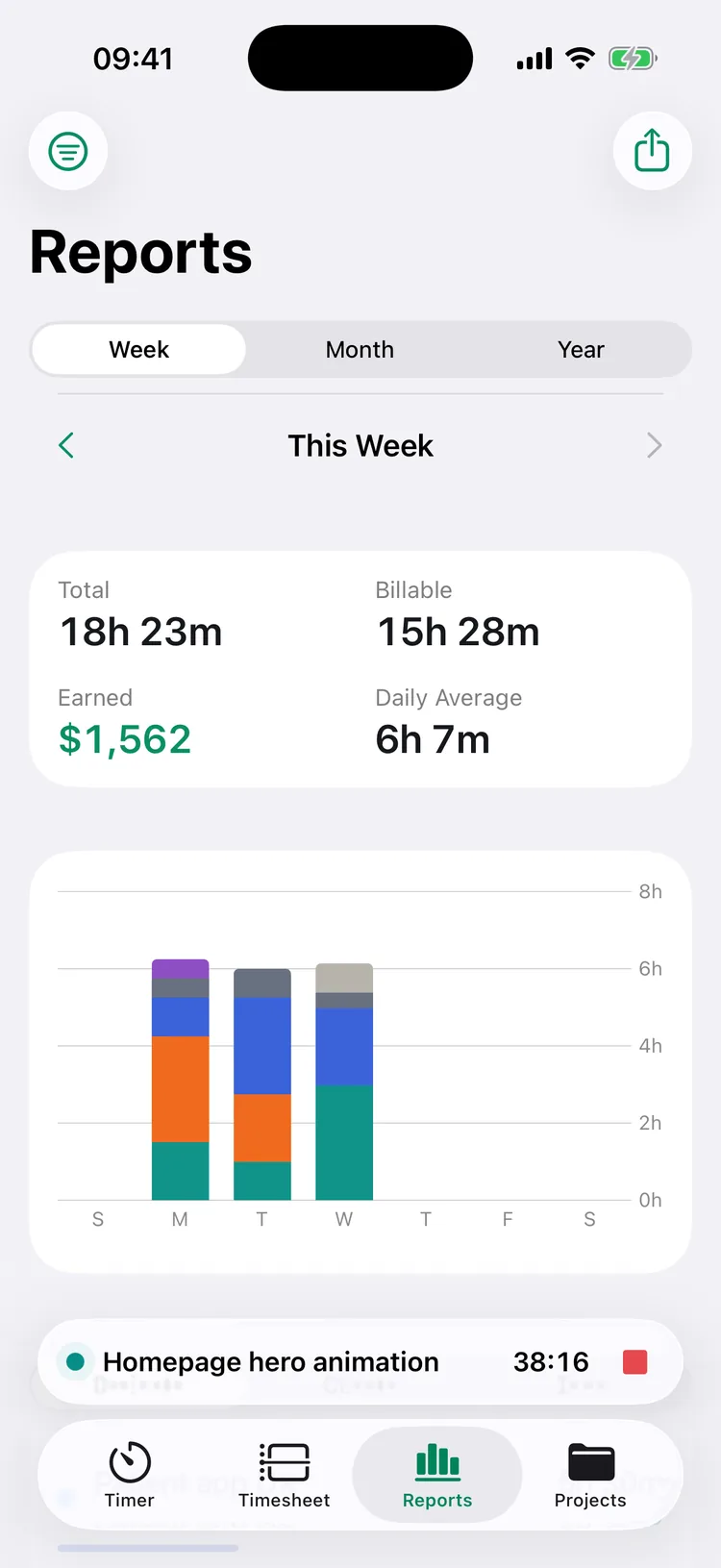 Weekly time report with hours by project and total earnings