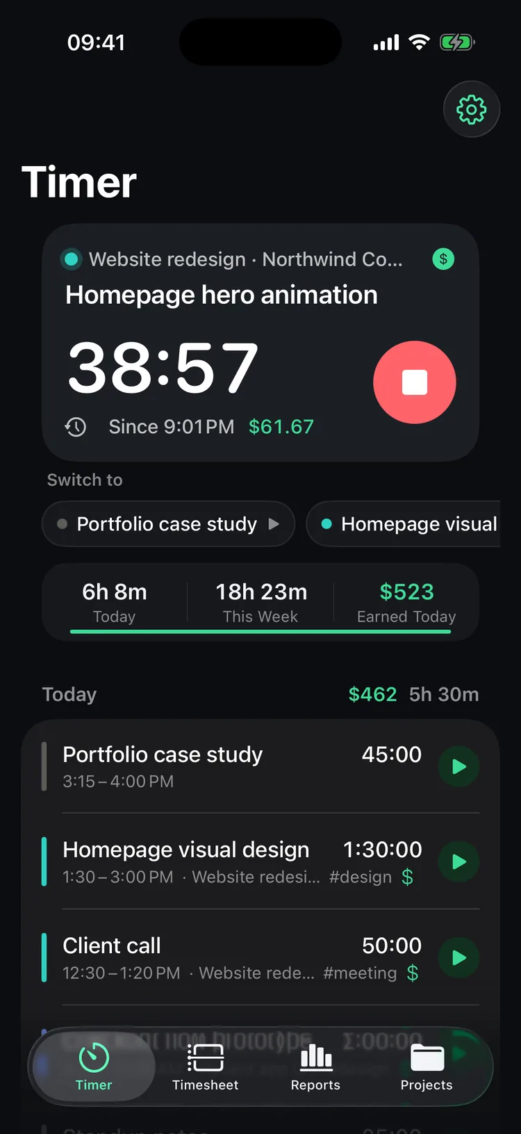8hrs timer screen in dark mode