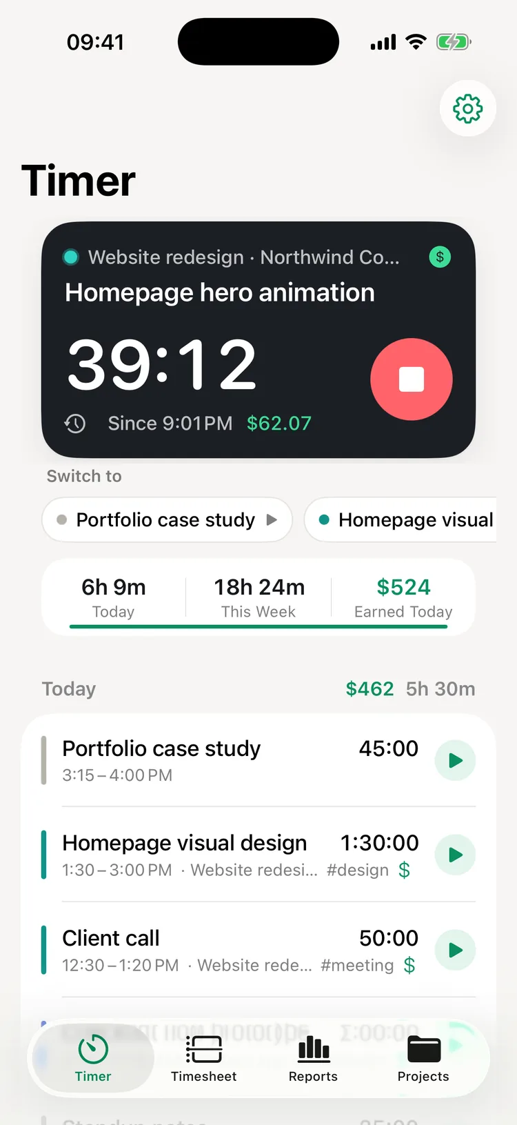 Running timer with hourly rate earnings and today's billable total