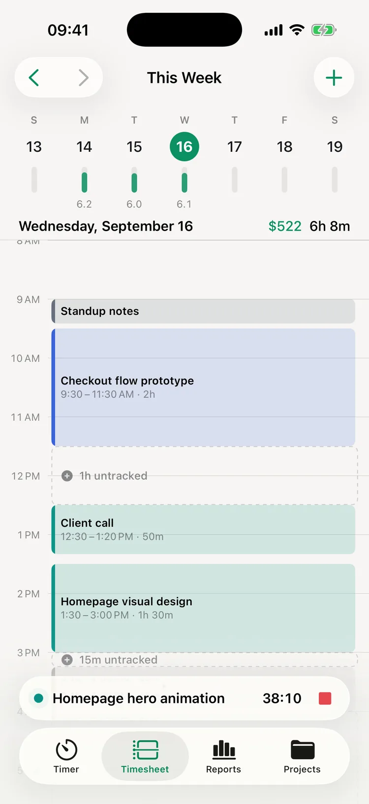Weekly timesheet with a day timeline and untracked time gaps