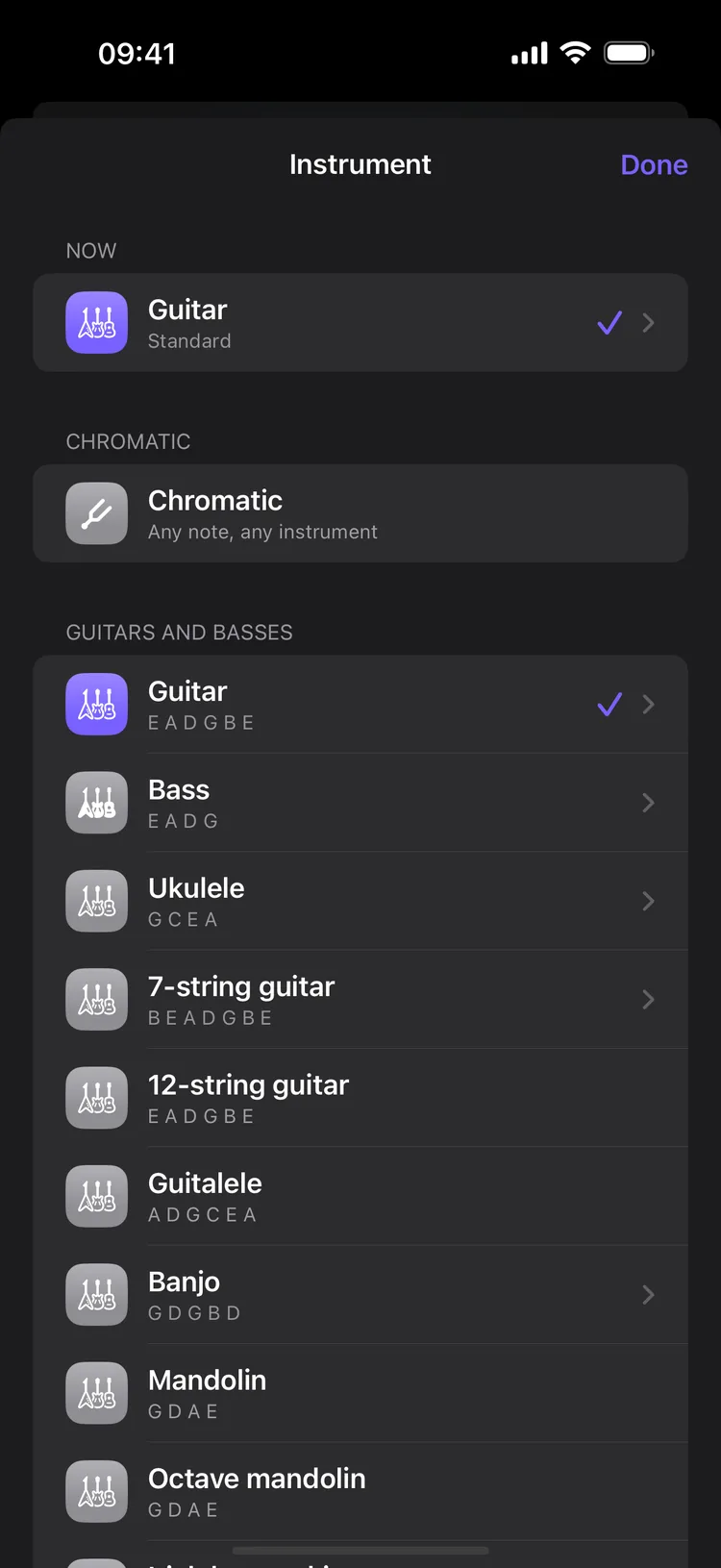 The instrument picker: the guitar in use, chromatic mode, then guitars and basses