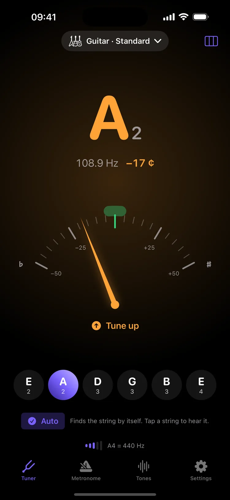 Acord tuning the A string of a guitar: A2, 108.9 Hz, 17 cents flat, with a needle and the six strings below