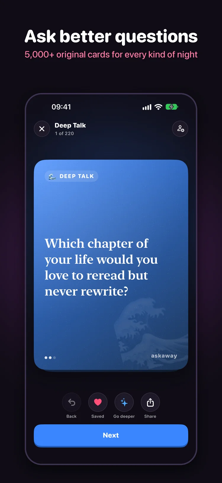 Askaway Deep Talk card asking which chapter of your life you would love to reread but never rewrite