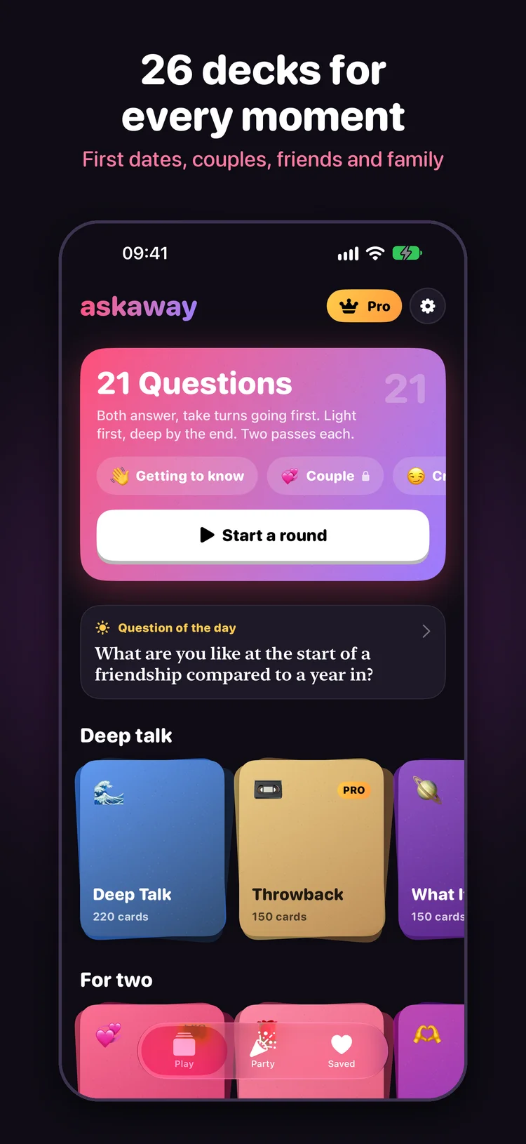 Askaway Play tab with 21 Questions, question of the day and conversation decks