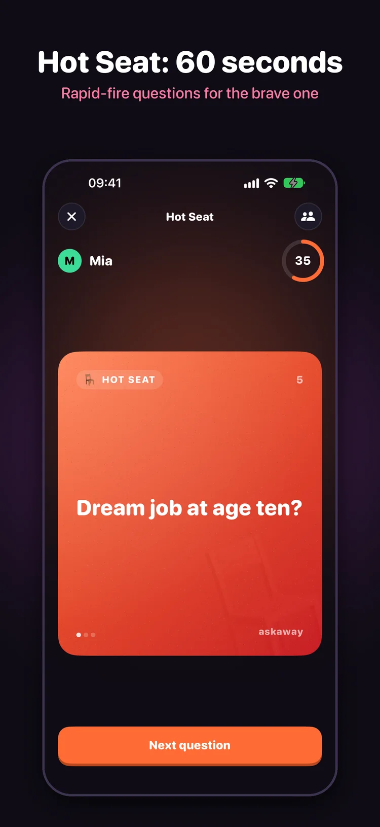 Hot Seat rapid-fire game showing a timer and the question Dream job at age ten
