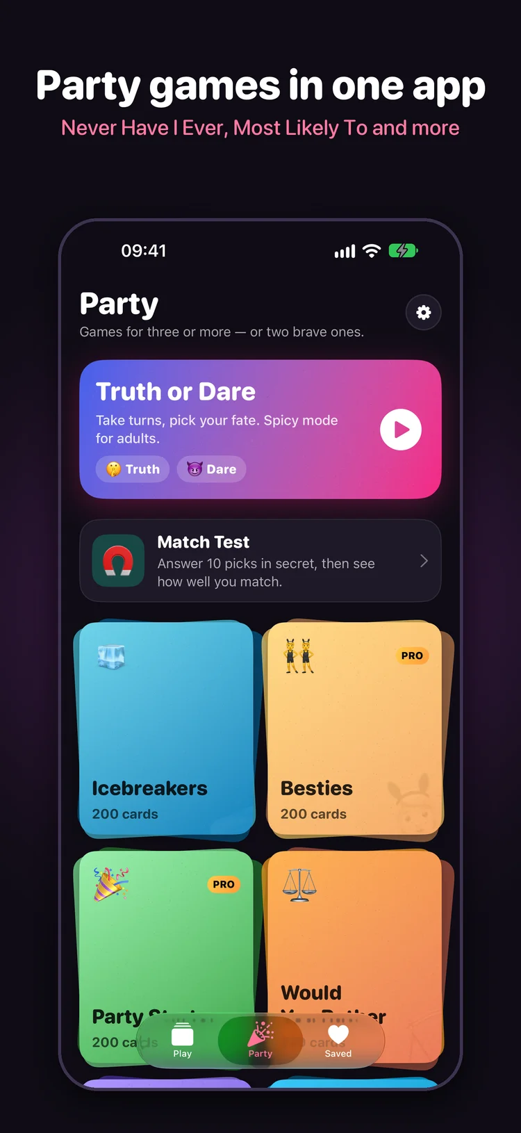 Askaway Party tab with Truth or Dare, Match Test and colourful party decks