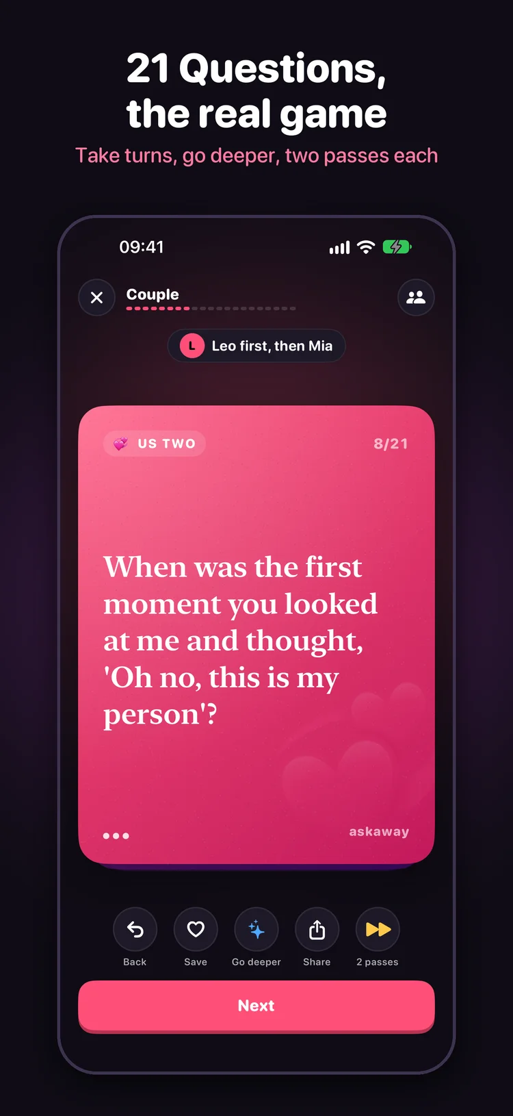 A couples round of 21 Questions with player turns, a personal question and two passes