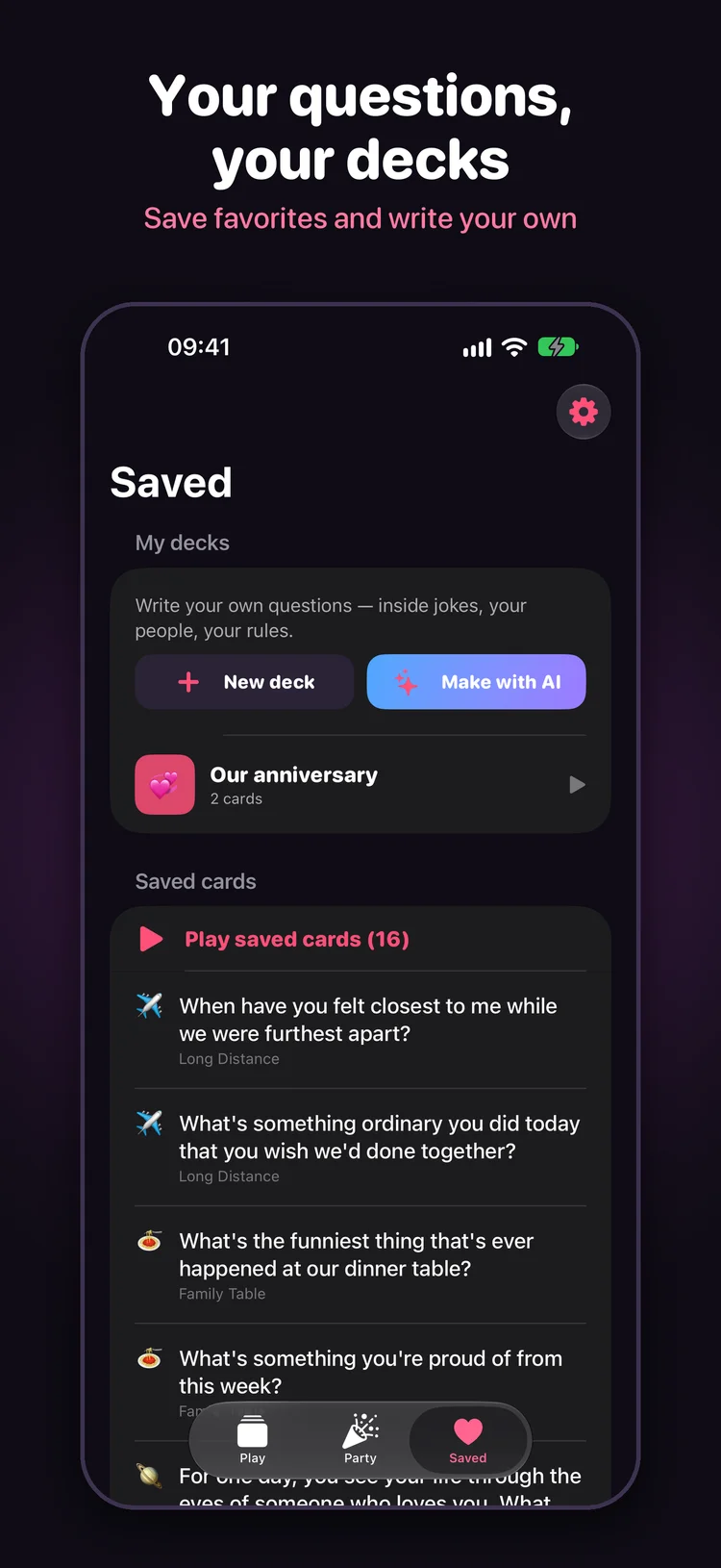 Askaway Saved tab with a custom anniversary deck, saved questions and an option to create a deck