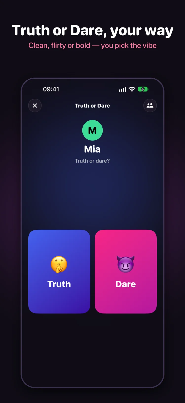 Askaway Truth or Dare screen showing the current player and separate Truth and Dare choices