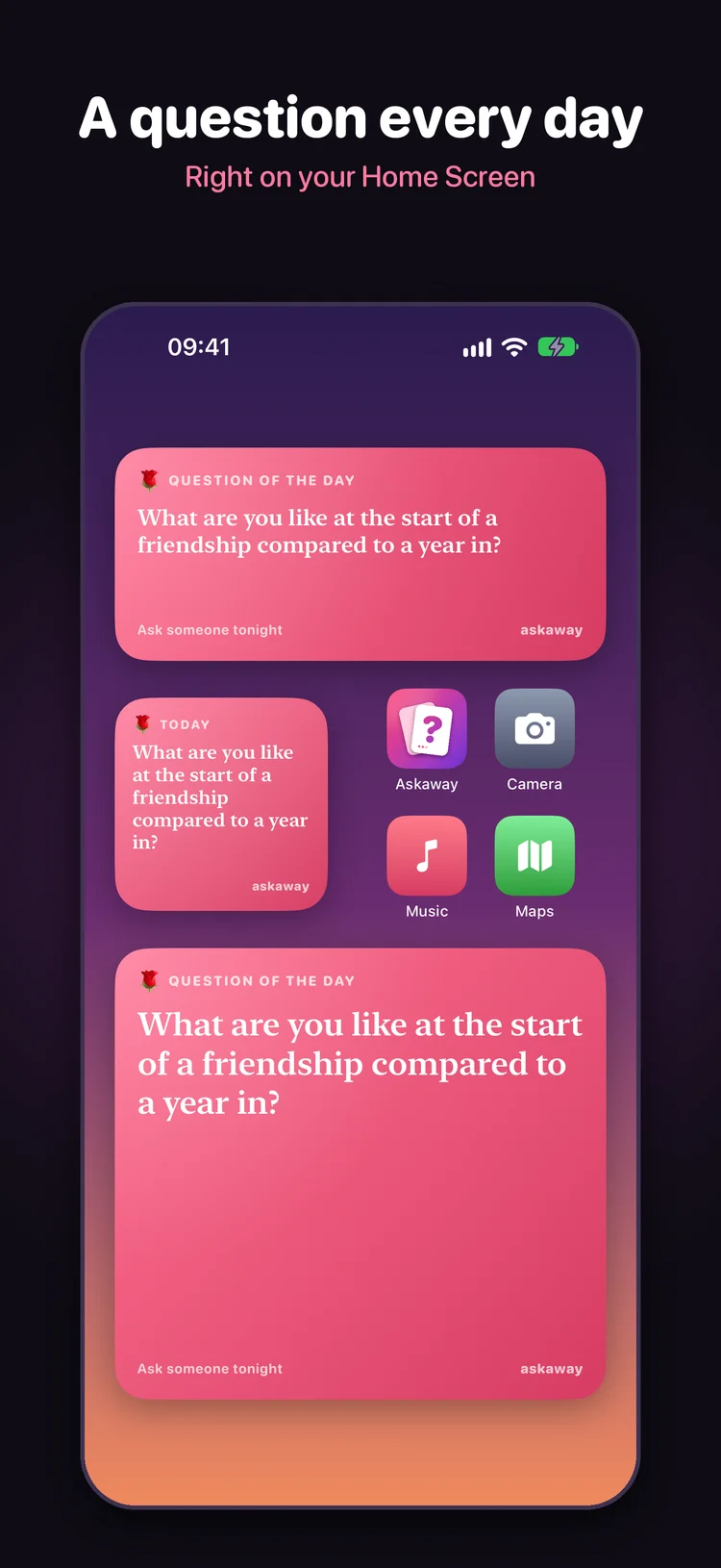 Askaway question-of-the-day widgets displayed on an iPhone Home Screen