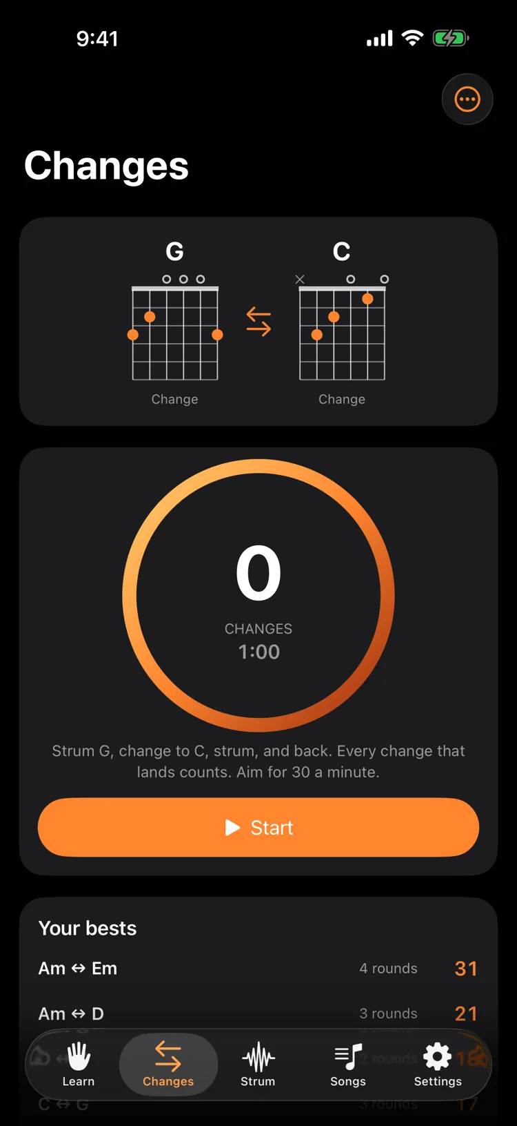 The changes drill between G and C with a one-minute timer ring