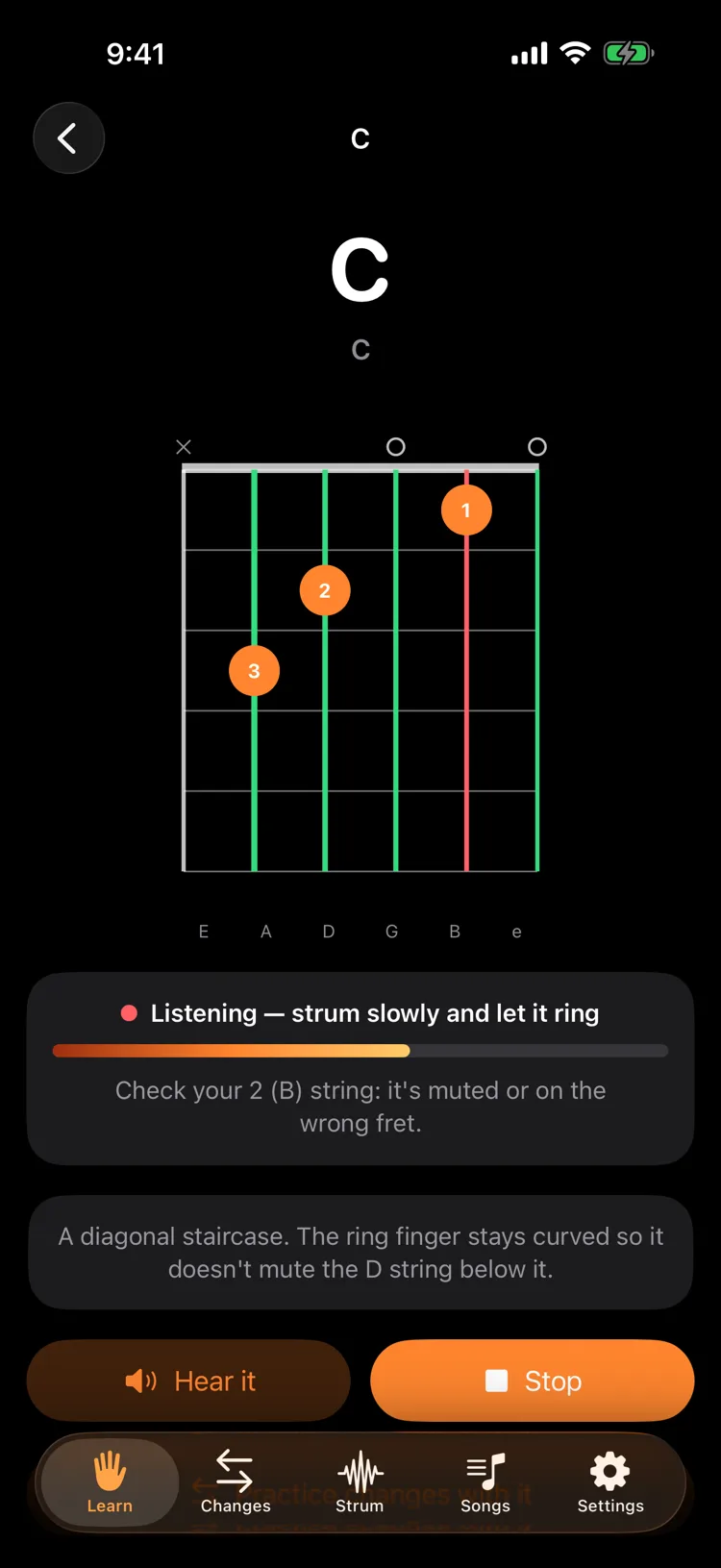 A C chord with the B string shown red and the hint: check your 2 (B) string, it's muted or on the wrong fret