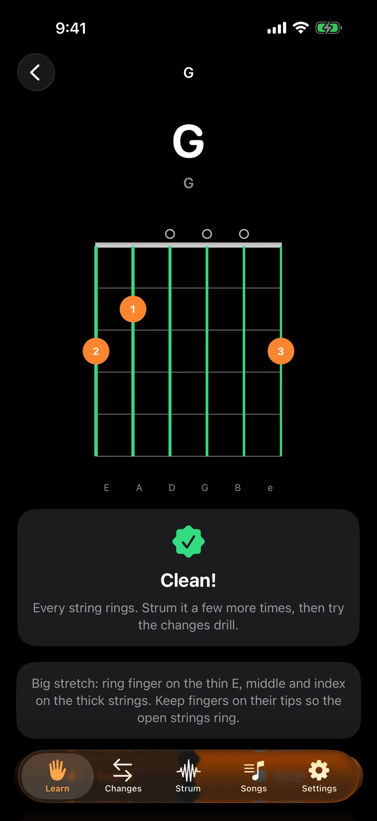 A G chord lesson: the chord diagram with three fingers and a green Clean! card saying every string rings