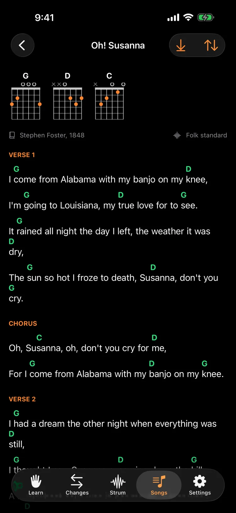 Oh! Susanna with G, D and C chords over the lyrics