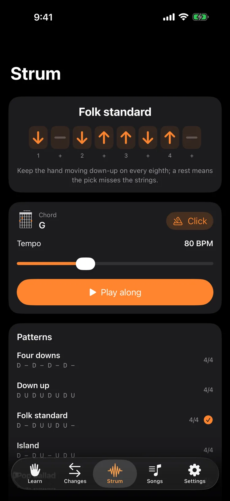 The folk standard strumming pattern with down and up arrows and a tempo slider