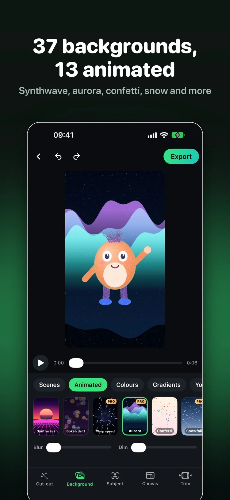 Animated background picker with colourful waves and a video timeline