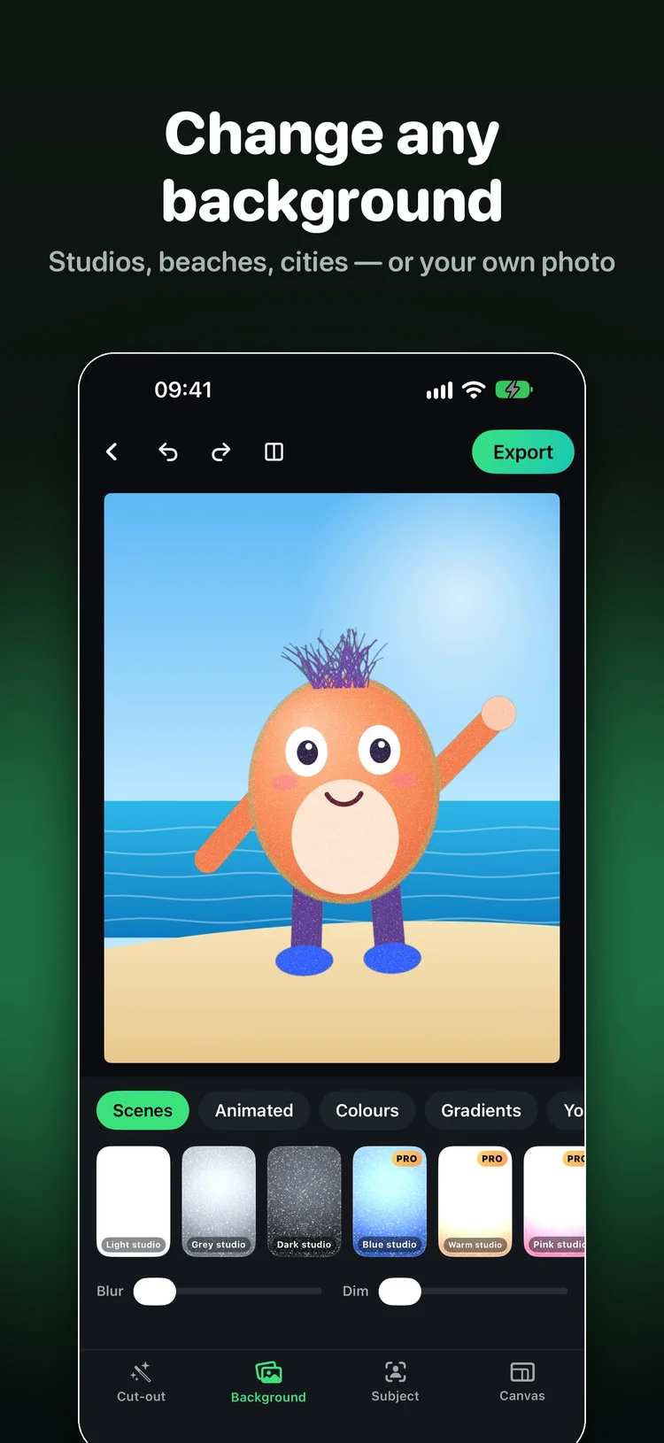 Chromo scene picker with a beach background behind the sample character