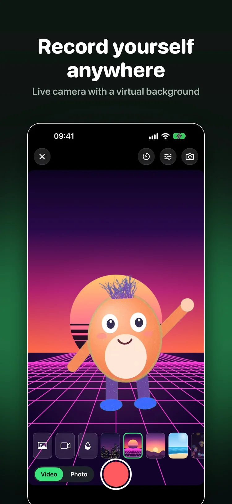 Chromo live camera preview with a sample character, background choices and recording controls