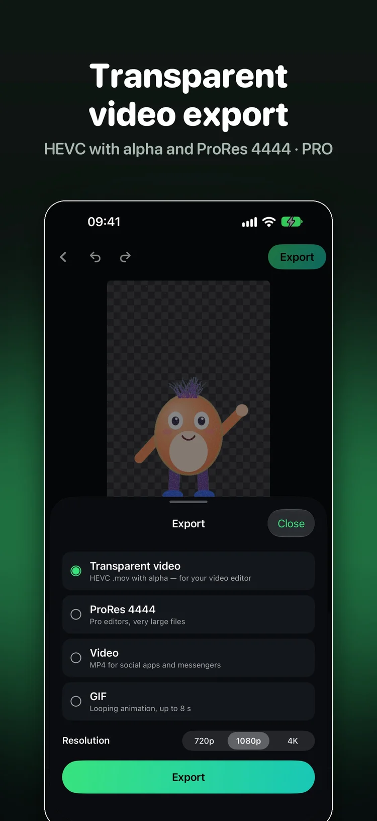 Chromo export sheet showing transparent video, ProRes 4444, video, GIF and resolution choices
