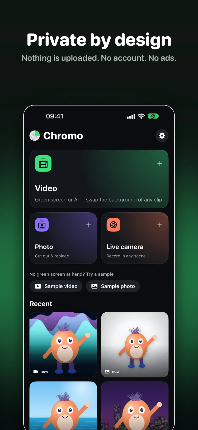 Chromo home screen with Video, Photo and Live camera tools and recent projects