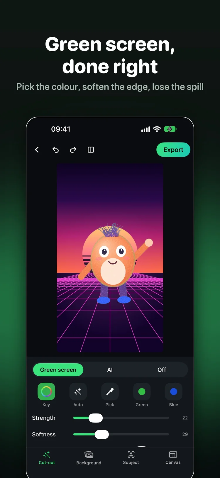 Chromo green screen editor showing a sample character over a synthwave background with key strength and softness controls
