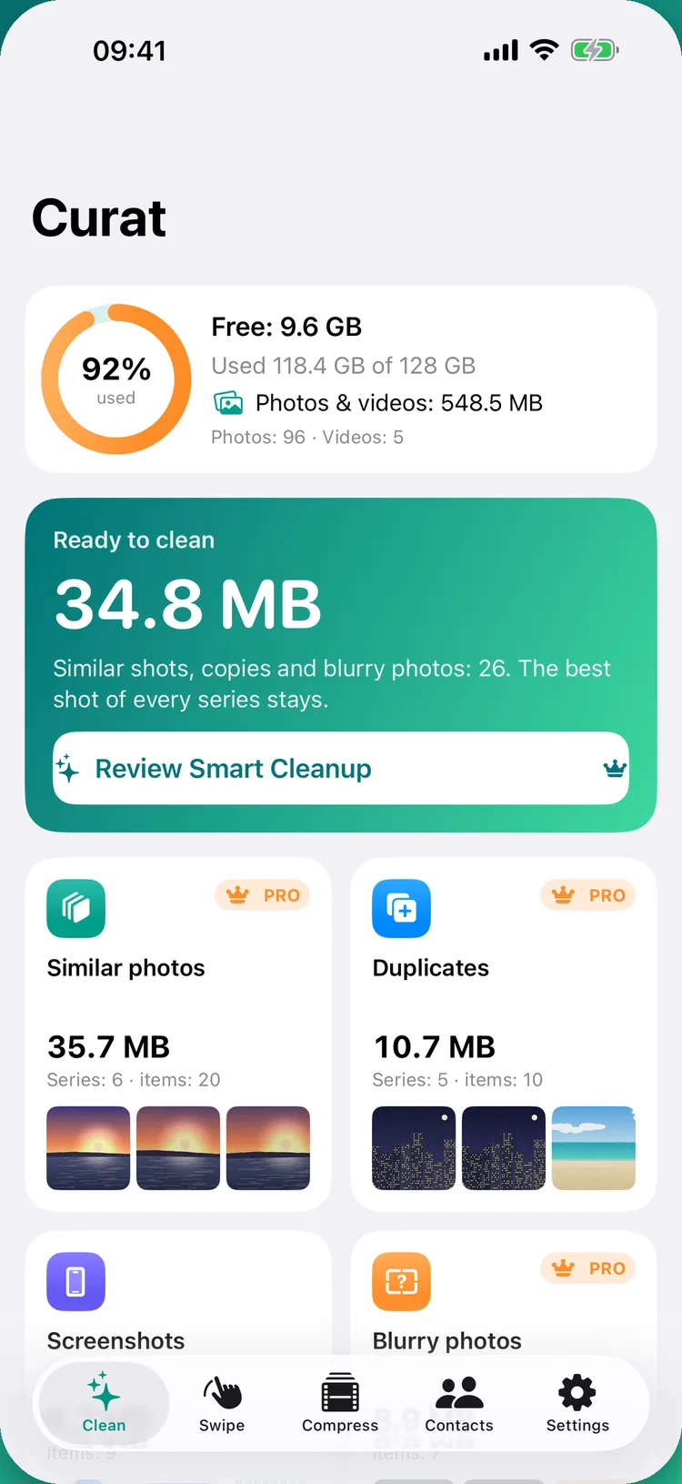 Curat's Clean screen on iPhone: storage 92% used with 9.6 GB free, 34.8 MB ready to clean from 26 similar shots, copies and blurry photos, and the Similar photos and Duplicates categories with their sizes
