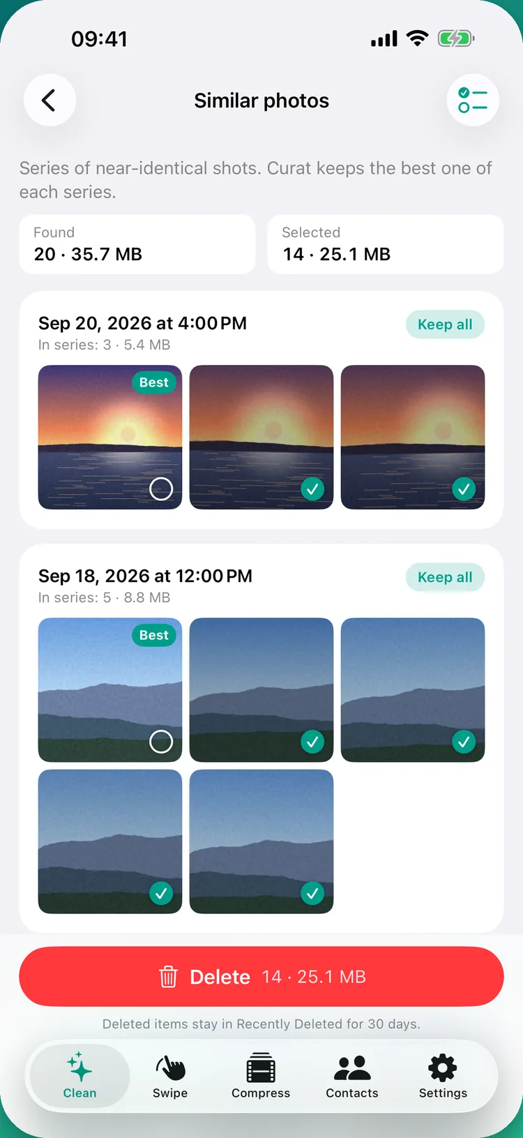 Similar photos: a sunset series of three shots and a mountain series of five, the best shot of each marked Best and the others checked, above a Delete 14 · 25.1 MB button