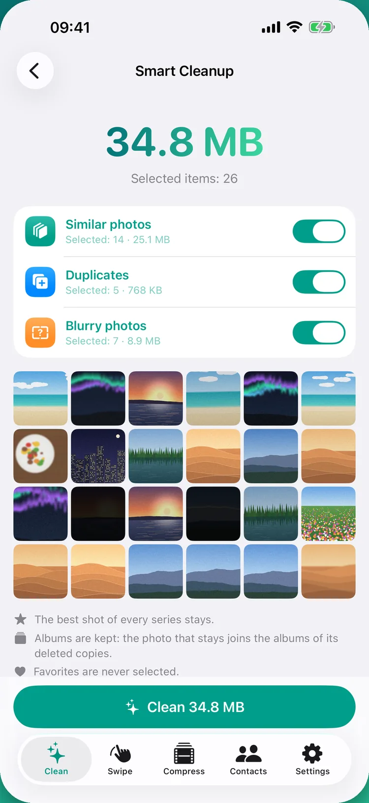 Smart Cleanup ready to clean 34.8 MB from 26 items: 14 similar photos, 5 duplicates and 7 blurry photos, each with a switch, a grid of the selected photos, and notes that the best shot stays, albums are kept and favorites are never selected