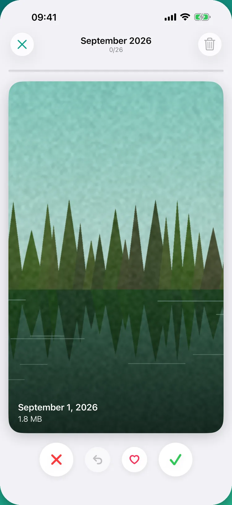 Swipe mode for September 2026 with 26 photos to go: a forest reflected in a lake, taken September 1, 2026, 1.8 MB, with delete, undo, favorite and keep buttons