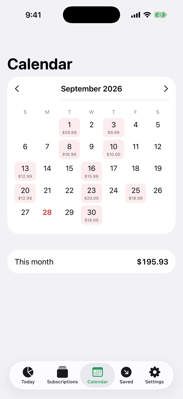Calendar of subscription charges for September with a monthly total