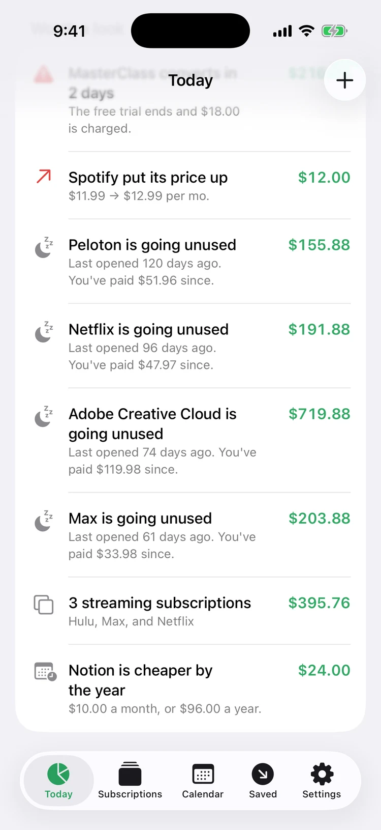 A list of subscriptions going unused with the yearly cost of each