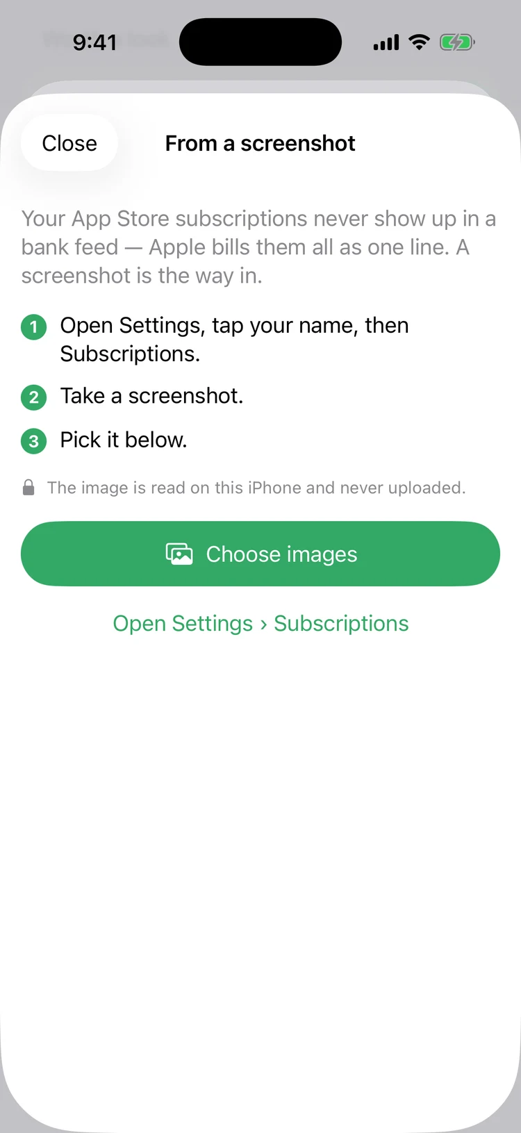 Cutback explaining how to import subscriptions from a screenshot of the iOS Subscriptions screen