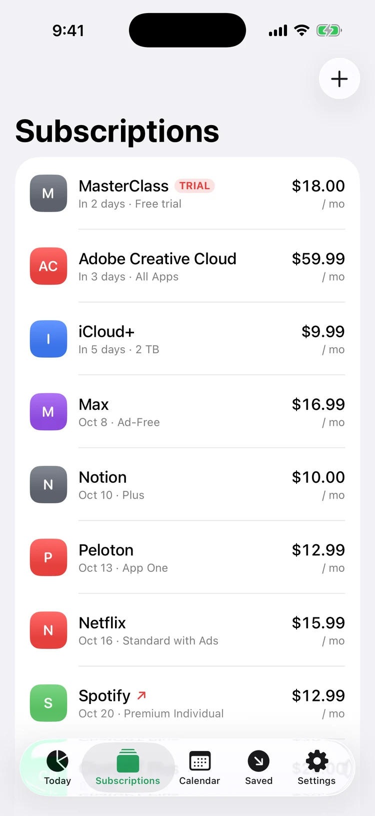 List of subscriptions sorted by next charge date