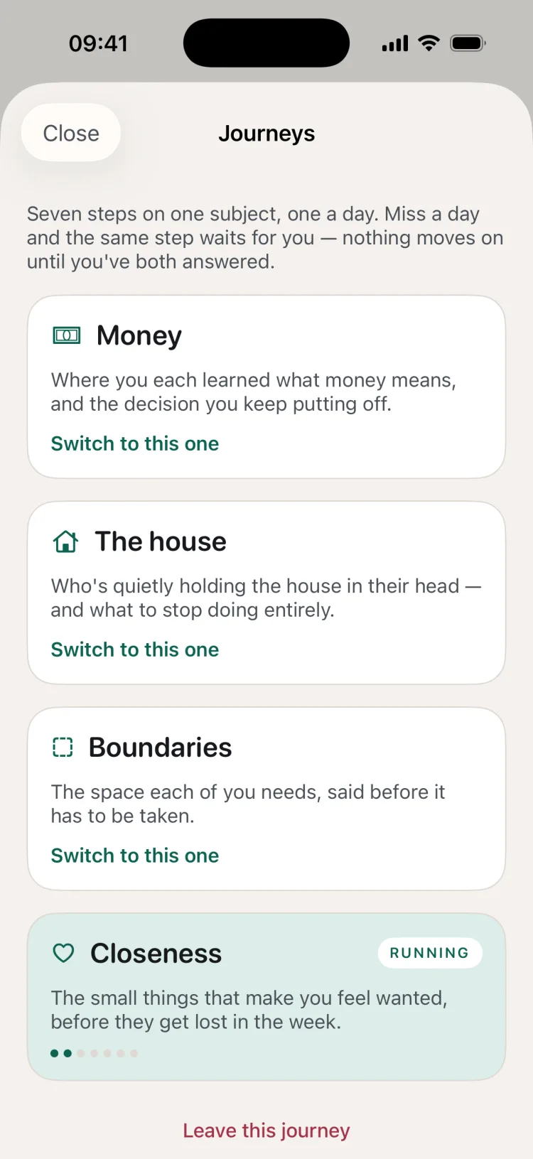Journeys list with Money, The house, Boundaries and a running Closeness journey