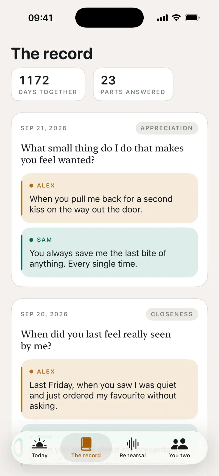 The record: a list of past days with both partners' answers