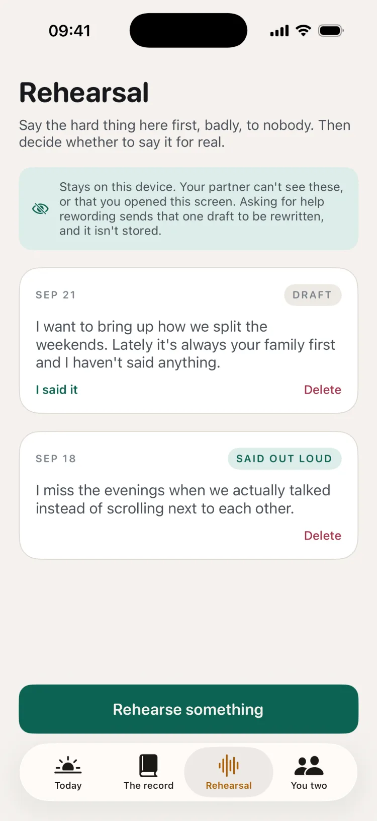 Rehearsal screen with private drafts and a note that they stay on this device
