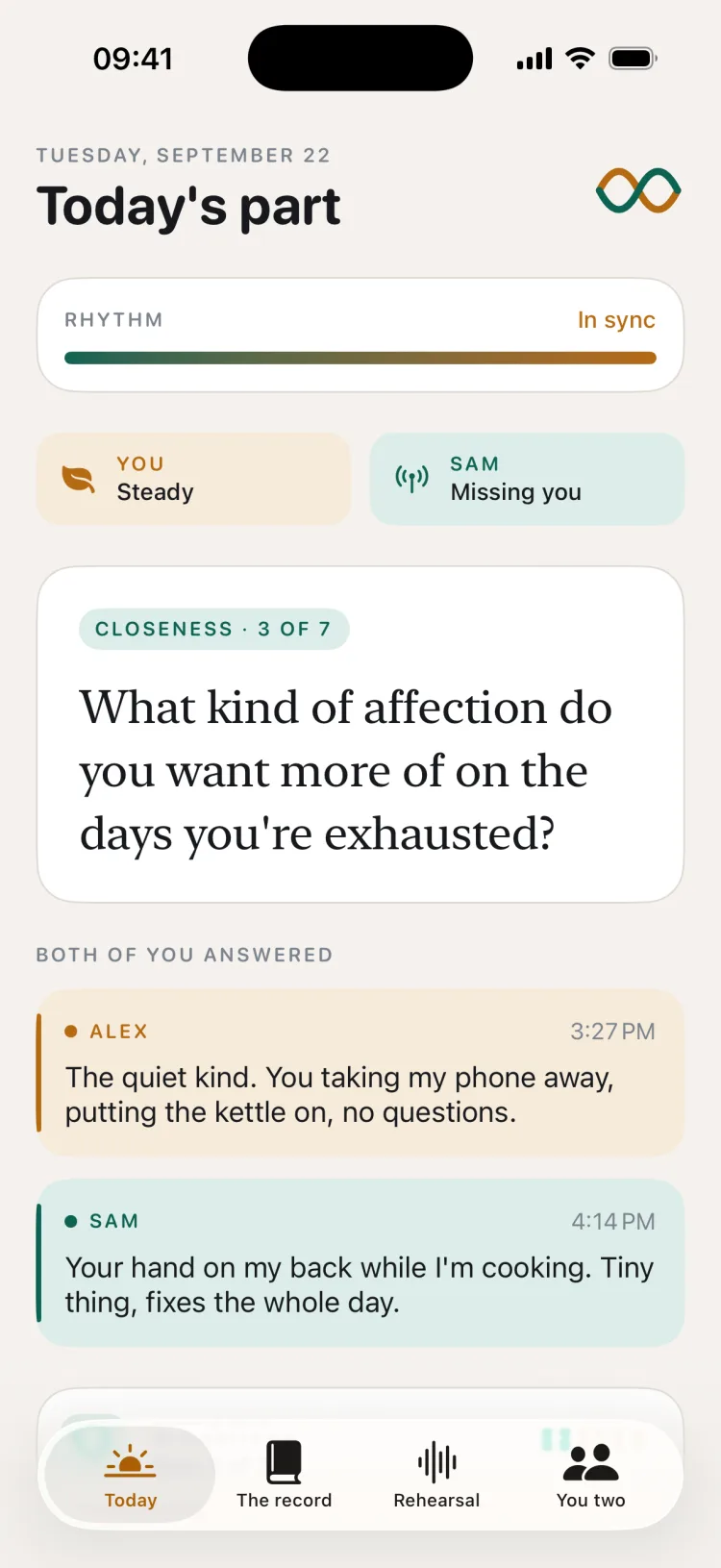 Duet on iPhone: today's question about affection on tiring days, with both partners' answers unlocked