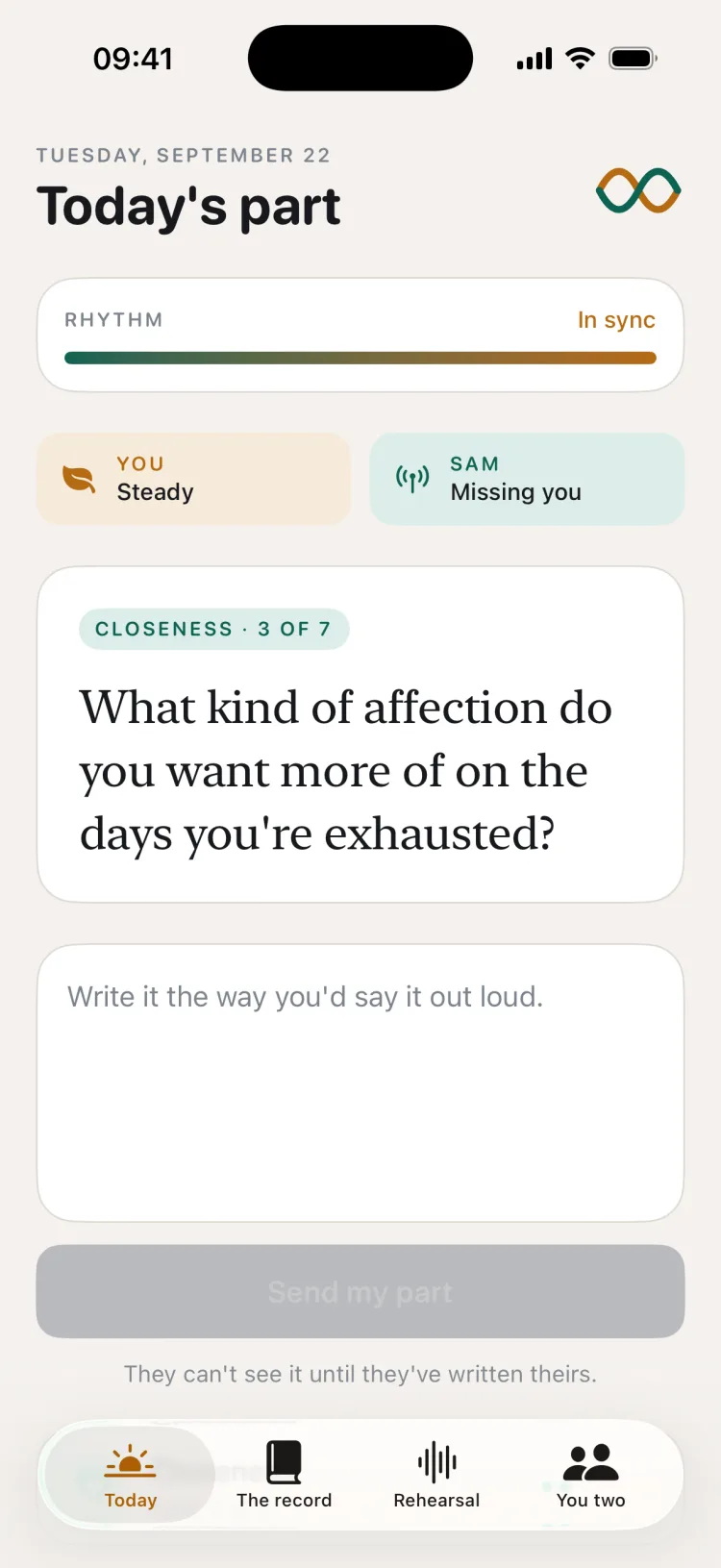 Today's part screen with a question card, a text field and the note that your partner can't see it until they've written theirs