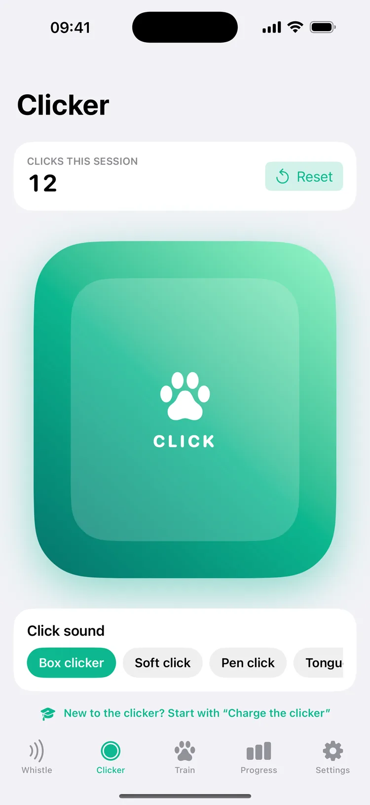 The Clicker tab: a large green button with a paw print, 12 clicks this session, and the click sounds Box clicker, Soft click and Pen click