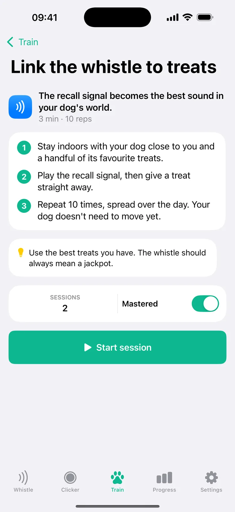 The lesson Link the whistle to treats: its goal, three numbered steps, a tip to use the best treats, 2 sessions so far, the Mastered switch on and a Start session button
