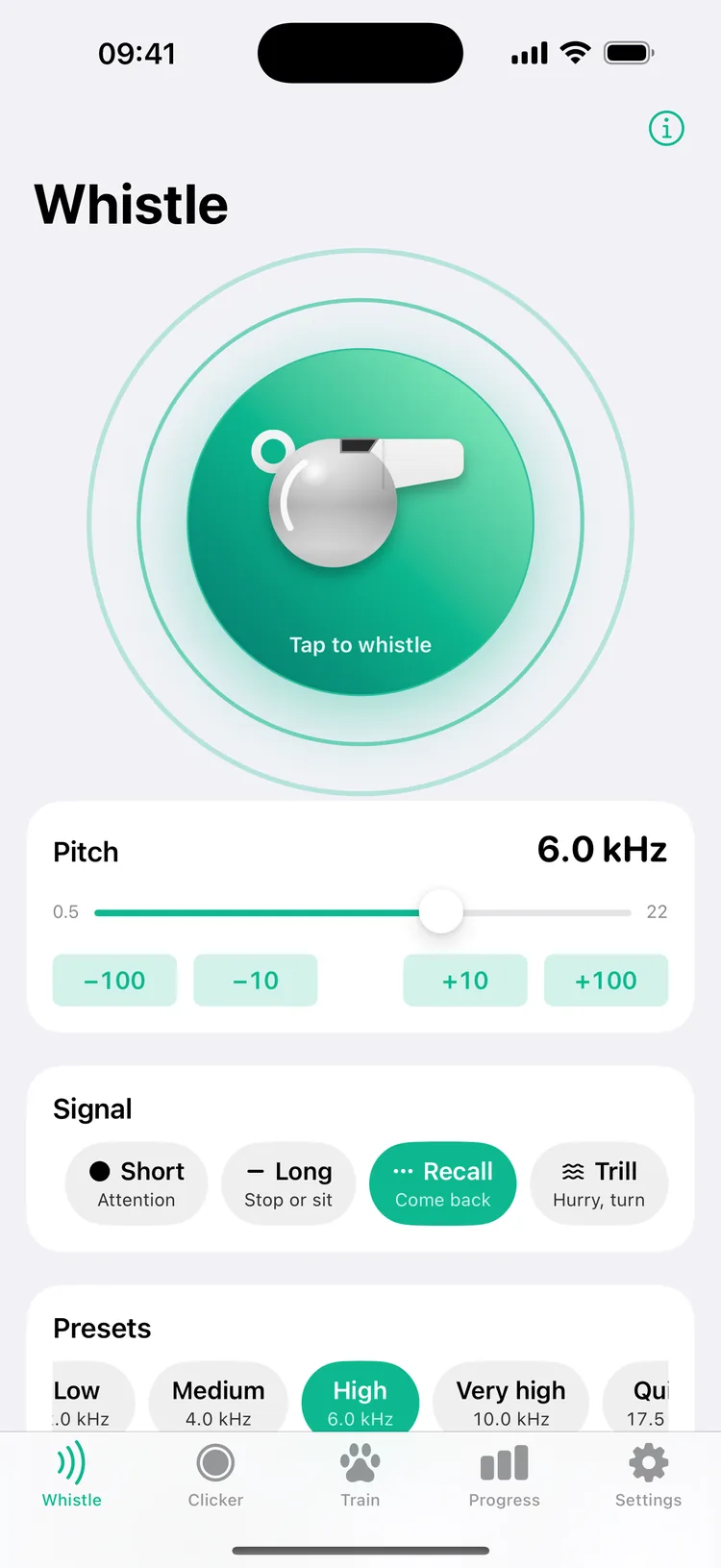 Fluier's Whistle screen: a chrome whistle on a green button ringed by sound waves, the pitch at 6.0 kHz, the Recall signal selected and the High preset highlighted