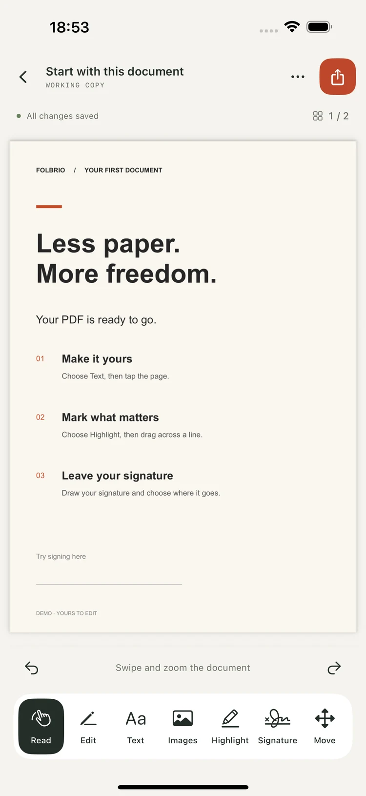 Folbrio PDF editor on iPhone showing a sample document and tools for text, images, highlights and signatures