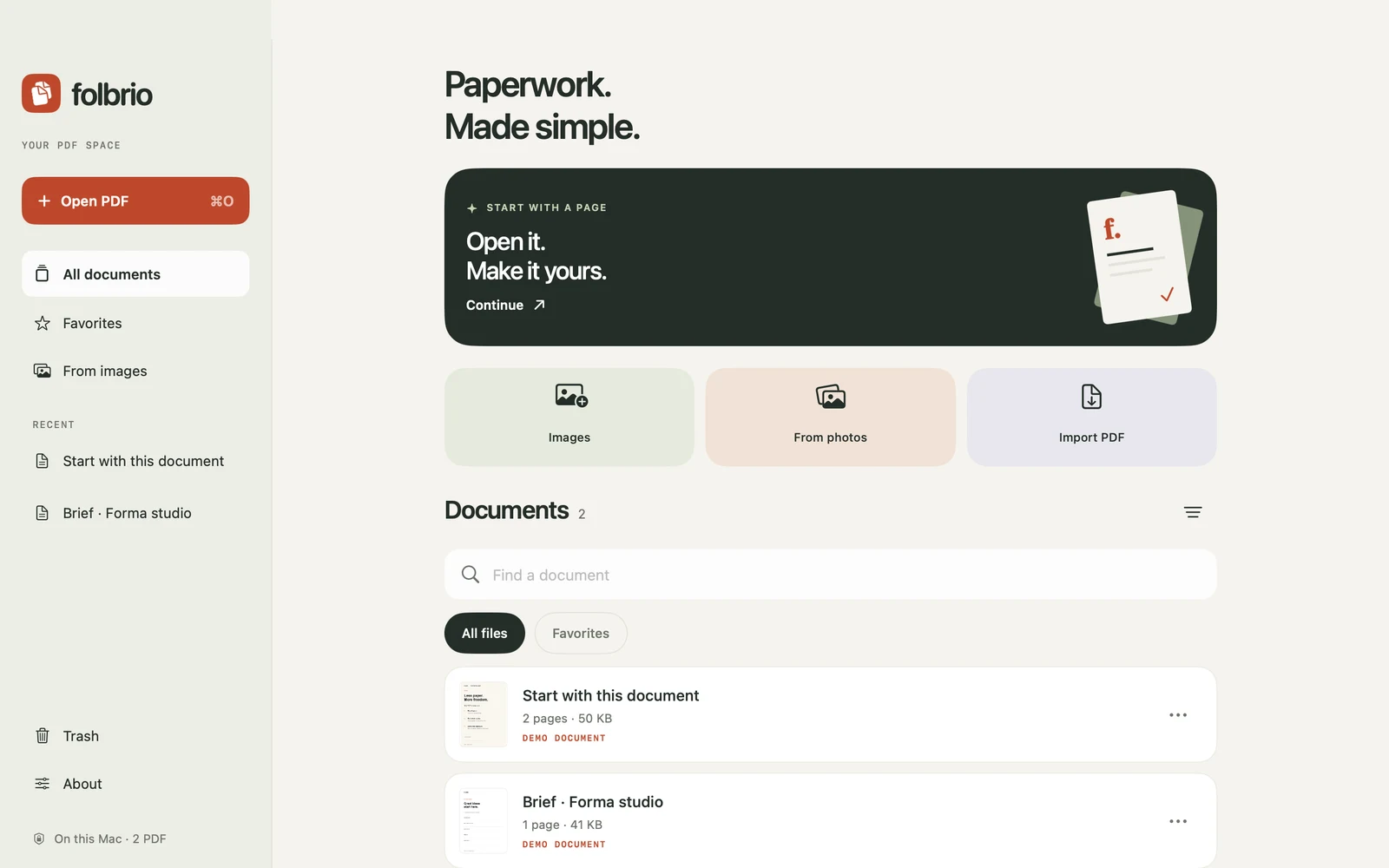 Folbrio on Mac with a local PDF library, document search, favorites and import controls
