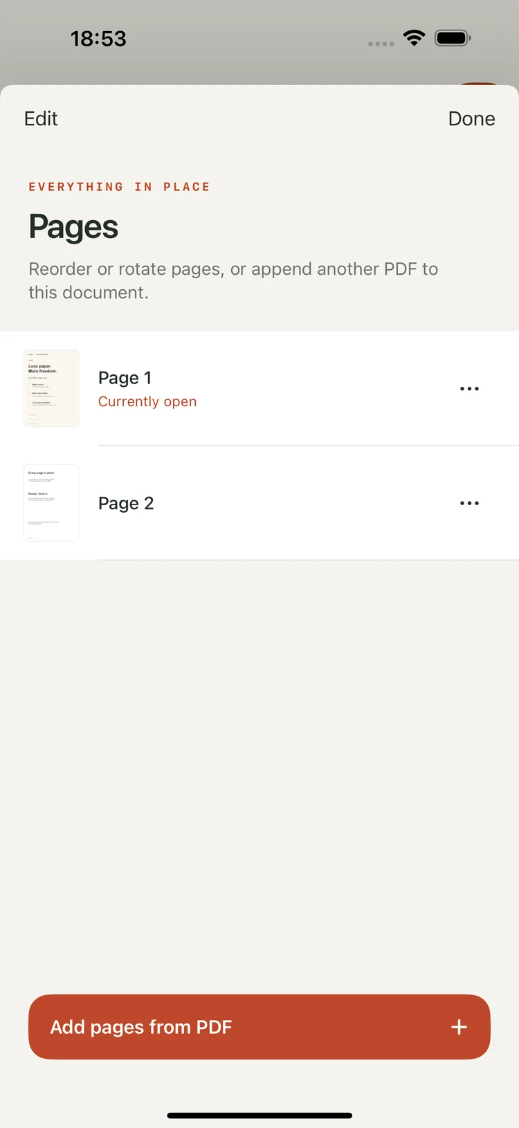 Folbrio page organizer showing thumbnails and page management controls