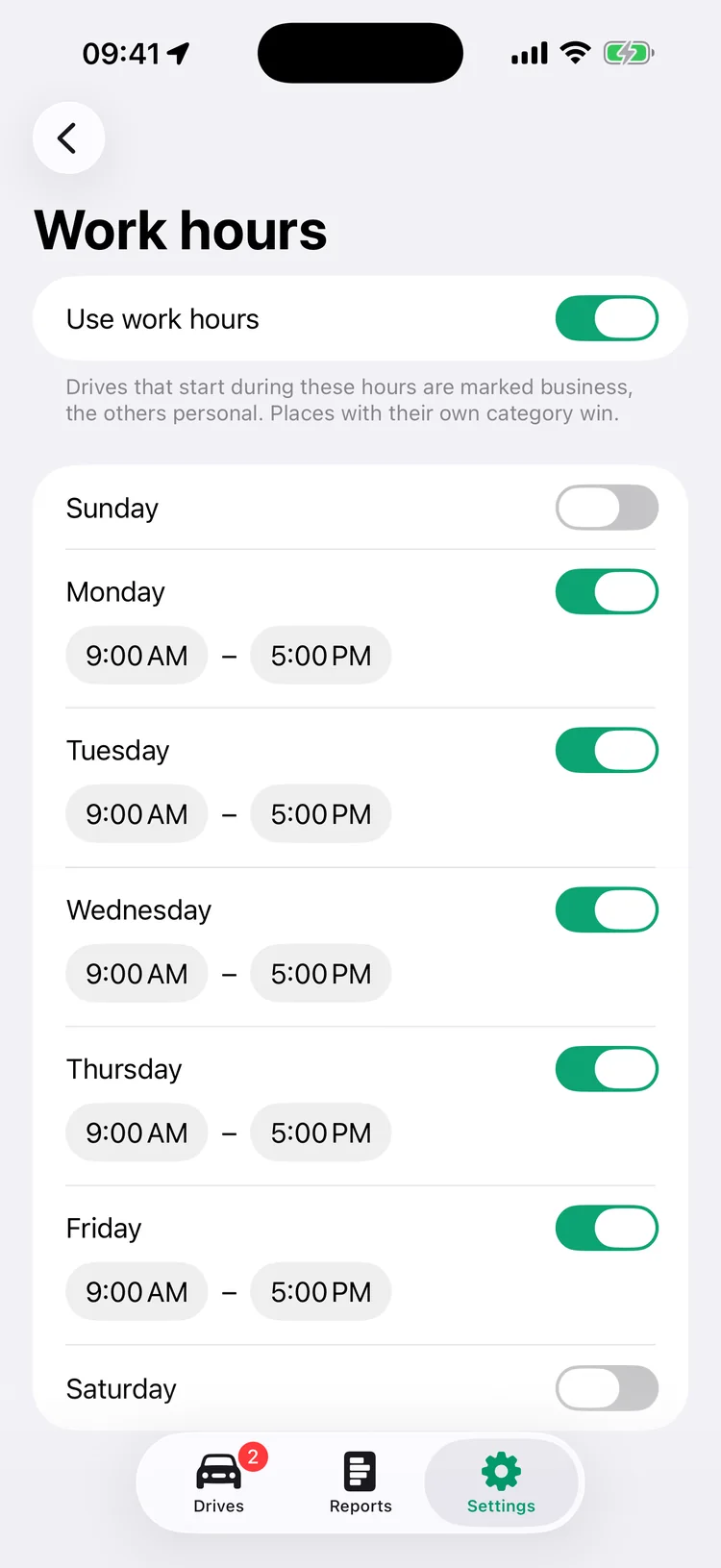 Work hours from 9 AM to 5 PM, Monday to Friday